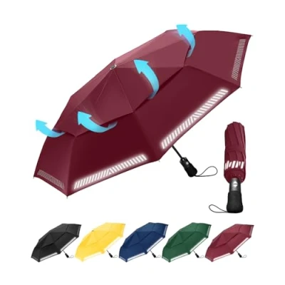 Image of Chakipee Umbrella Windproof Strong Compact Travel Red Pocket Automatic Reflective Safety Strip Folding Outdoor for Rain Inverted Umbrellas Men and Women 8 Ribs Double Canopy Portable