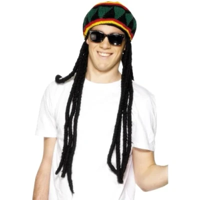 Image of Smiffys Rasta Beret, Black &amp; Yellow with Dreadlocks, Hawaiian Luau Fancy Dress, Dress Up Hats