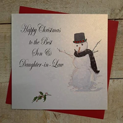 Image of WHITE COTTON CARDS Happy Best Son &amp; Daughter in Law, Handmade Christmas Card (Snowman)