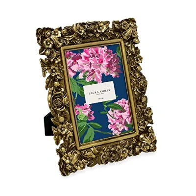 Image of Laura Ashley 4x6 Gold Floral Textured Hand Crafted Resin Picture Frame with Easel, for Tabletop &amp; Wall Display, Decorative Design Home D cor, Photo Gallery, Art More (4x6, Gold)