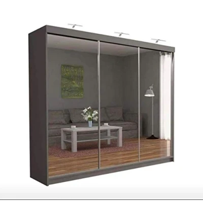 Image of A.C. Milan Modern Double Mirror sliding door wardrobe with LED Light (Grey, 250 cm)
