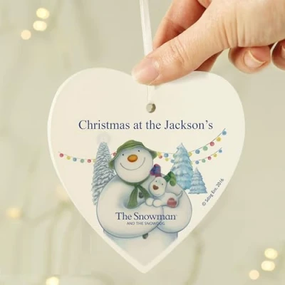 Image of Custom the Snowman and Snowdog Wooden Heart Decoration Perfect for Christmas