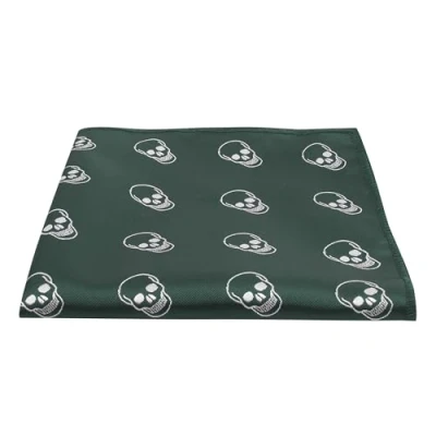 Image of King &amp; Priory Dark Green Embroidered Skull Pocket Square, Handkerchief