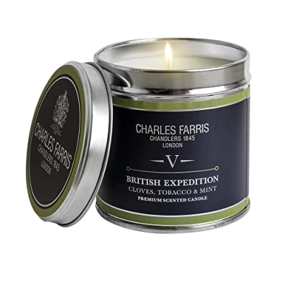 Image of Charles Farris British Expedition Luxury Signature Scented Tin Candle Cloves, Tobacco &amp; Mint Tea Hand Poured in England 40 Hours+ Burn Time