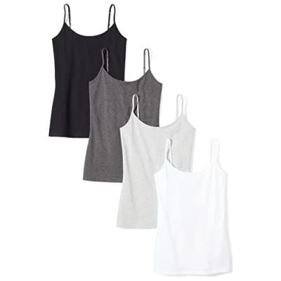 Image of Amazon Essentials Women&#039;s Slim Fit Camisole, Pack of 4, Black/Charcoal Heather/Light Grey Heather/White, S