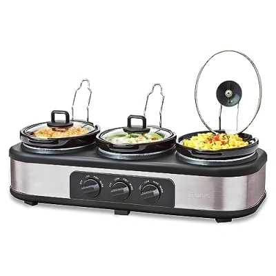 Image of Schallen Stainless Steel Stew and Stir Slow Cooker Cooking Machine, Family Sized, Energy Efficient, Removable Ceramic Pot, Brushed Silver (Triple 3 x 1 Litre)
