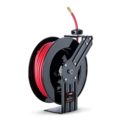 Image of ReelWorks Air Hose Reel Retractable 3/8&quot; Inch x 50&#039; Feet Hybrid Polymer Hose, Max. 300 PSI Compressor Water Plastic Spring Driven Swivel Bracket