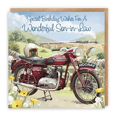 Image of Hunts England Vintage Motorbike Son In Law Birthday Card Steam Train Countryside Classic Motorcycle Milo&#039;s Gallery Collection