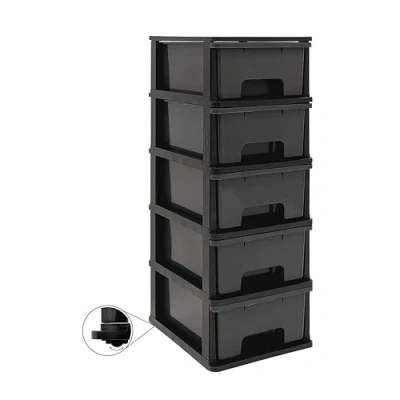 Image of Abbaware Plastic Drawers Storage Unit, With Wheels, Drawers, Tower, 5 x 17L Black Frame/Modern Grey Draws