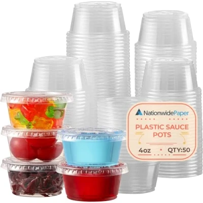 Image of Nationwide Paper 4oz 50pcs Plastic Sauce Pots with Airtight lids Clear Small for Ketchup, Chutney, Dips and Sauces (118ml)