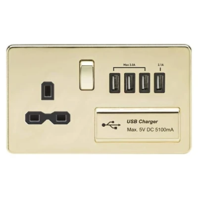 Image of KnightsBridge 13A 2G Screwless Polished Brass 1G Switched Socket with Quad 5V USB Charger Ports Black Insert
