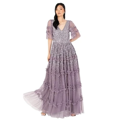Image of Women&#039;s Maxi Dress Ladies V Neck Sequin Embellished Ruffle Detail for Wedding Guest Bridesmaid Prom Occasion Ball Gown, Moody Lilac, 10