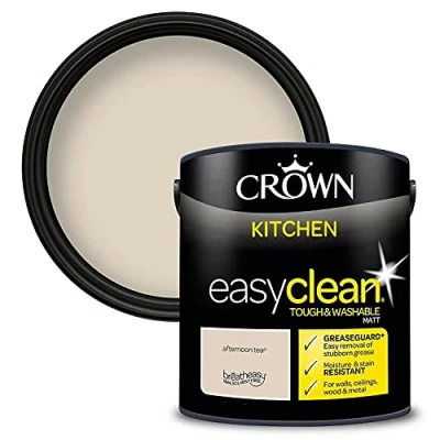 Image of Crown 2.5L Easyclean Kitchen MATT Emulsion Multi Surface Paint With GREASEGUARD+ That can be Used on Walls, Ceilings, Wood and Metal. Stain &amp; Scrub Resistant Formula Afternoon Tea