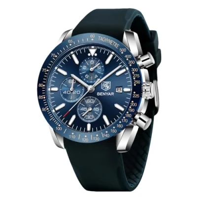 Image of BY BENYAR Watches for Men Analog Quartz Chronograph Waterproof Luminous Designer Mens Wrist Business Work Sport Casual Dress Watch with Silicone Strap Elegant Unique Gifts