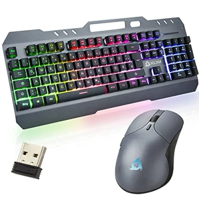 Image of KLIM Unity Wireless Keyboard and Mouse Set DE Layout Durable, Ergonomic, Semi Mechanical for Laptop PC Mac PS4 Xbox One Durable Built in Battery + New 2023