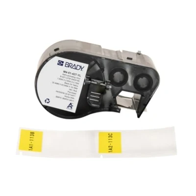 Image of Brady Self Laminating Vinyl Pre Sized Labels for Label Printer BMP41/BMP51/BMP53/M511 180 Adhesive Black on Yellow, Transparent (25,40 mm (W) x 63,50 (H)) M4 51 427 YL