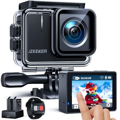 Image of iZEEKER Action Camera 4K 20MP, 40M Waterproof Underwater for Snorkeling, Camcorder with EIS, Helmet 2&quot; Touchscreen, 170Wide Angle, 2 Batteries, WiFi, Remote Control, Accessories