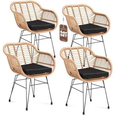 Image of CASARIA® Set of 4 Bali Poly Rattan Wicker Chairs 5cm Thick Padding and Armrest Weatherproof Garden Balcony Kitchen Dining Room Conservatory Patio Deck Furniture