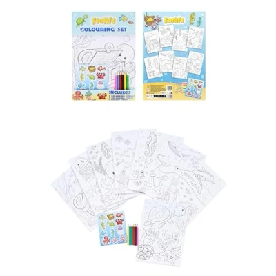 Image of HENBRANDT Single Sealife Colouring Set with 8 Sheets and 6 Mini Pencils A4 Children’s Activity Pack Under The Sea Birthday Loot Bag Party Favours for Boys Girls