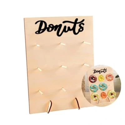 Image of Donut Wall Wood Display Stand Holds 9 Donuts,Reusable Rustic Dessert Table Board Doughnut Holder for Wedding Birthday Family Party Festival Decor Will Not Tip Over (Rectangular Black font)