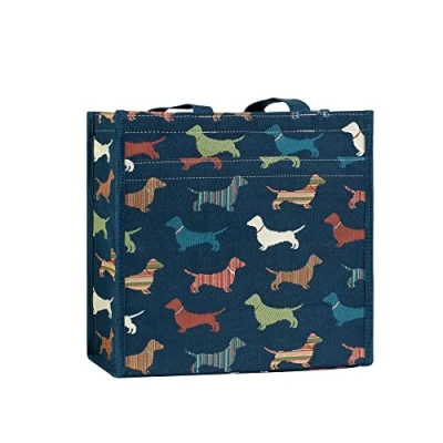 Image of Signare TAPESTRY DACHSHUND CUTE SHOPPER BAG SGNARE LADIES SHOULDER SHOPPING FOR WOMEN WTH DOG DESIGN, Navy Blue, (SHOP FSDG)