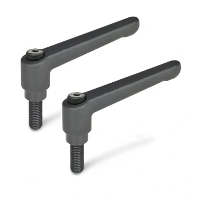 Image of Ganter Standard Elements Adjustable Clamping Lever with Screw Thread GN 300, Handle Length: 45 mm, Screws Burnished Steel Die Cast Zinc Black Plastic Coated Pack of 2, black, 300 M5 25 SW