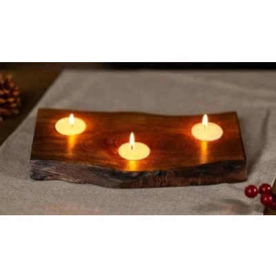 Image of Marco Paul Mango Wood Tea Light Holder Decorative Home Accessories Window Decoration Candle Decor Wedding Centerpieces Holds Three Tealights (25cm x 6cm 12cm)