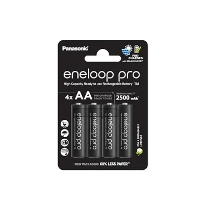 Image of eneloop Pro, AA/Mignon, Rechargeable Battery, Pack of 4, Capacity 2500 mAh, Ready to Use Ni MH Batteries, 500 Recharge Cycles, Plastic Free Packaging, Black