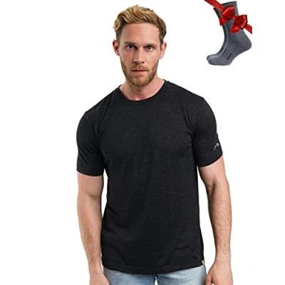 Image of Merino.tech Merino Wool T Shirt Mens 100% Organic Base Layer Men Undershirt Lightweight + Hiking Socks (Charcoal Grey, Medium)