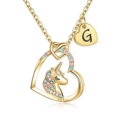 Image of TINGN Unicorn Necklace Gifts for Girls, Colorful CZ Heart Pendant Gold Necklaces Girls Women Letter G Initial Teen Jewelry Age 6 7
