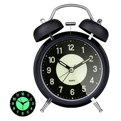 Image of GINZER Classical Retro Twin Bell Alarm Clock, Non Ticking Silent Bedside Clock With Backlight, Desk Nightlight, Loud for Heavy Sleepers Bedrooms Office, Battery Operated(Black)