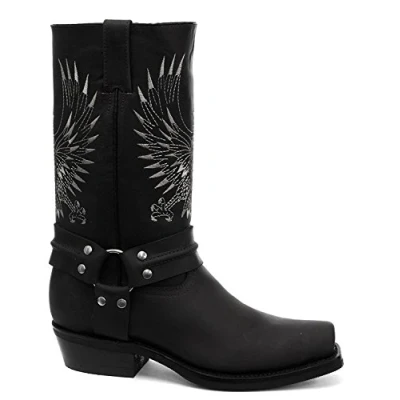 Image of Grinders Bald Eagle Black Leather Cowboy Boot Slip On Square Toe Front Boots New Western Fashion Stylish Unisex Hand Crafted Shoes (9 UK / 43 EU)