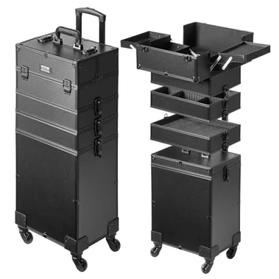 Image of VEVOR 5 in 1 Professional Makeup Train Case Aluminum Cosmetic Case, Rolling Extra Large Trolley Travel Organizer, with 360 Swivel Wheels &amp; Adjustable Pull Rod, Black