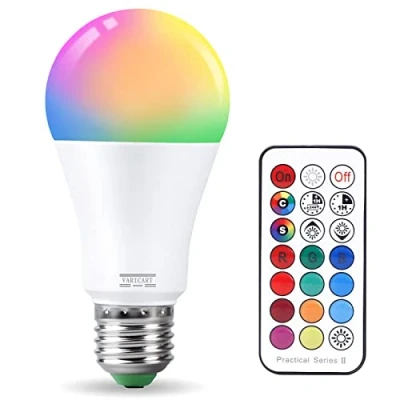 Image of VARICART E27 Colour Changing Light Bulb, 10W RGB LED Bulbs with Remote Control Dimmable, Cool White 6000K Edison Mood Lighting 12 Color Timing &amp; Memory 100W Equiv. for Home Bar Party (Pack of 1)