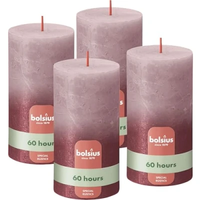 Image of Bolsius Rustic Pillar Candle Fading Metallic Ash Rose &amp; Red Pack of 4 Long Burning Time 60 Hours Household Interior Decoration Includes Natural Vegan Wax No Palm Oil 13 x 7 cm