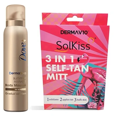 Image of Dove DermaSpa Fair to Medium Gradual Self Tan Body Mousse 150ml Summer Revived for a Natural Looking Sun kissed Glow with Solkiss 3 in 1 Applicator Mitt