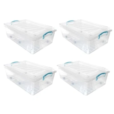 Image of JVL Plastic Clip Lidded Underbed Storage Box with Wheels, Stackable &amp; Nestable, Clear, Set of 4, 30L