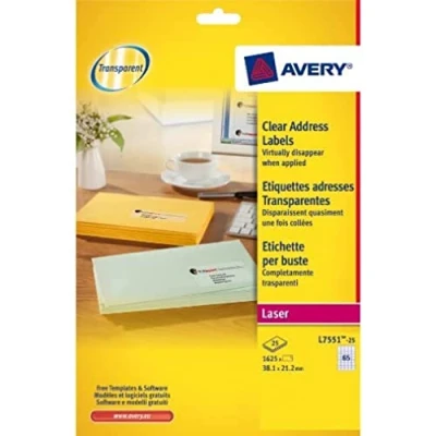 Image of Avery 1625 Mini Sticky Labels (65 per Sheet) 38.1x21.2mm Laser Print Transparent (L7551)