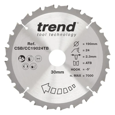 Image of Trend Wood Cordless Mitre Saw Blade, 190mm Diameter, 20mm Bore, 24 Teeth, 1.9mm Kerf, 5 Hook, TCT, Medium Finish, CSB/CC19024T