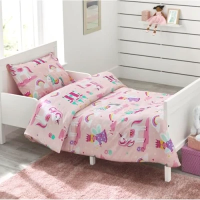 Image of Bloomsbury Mill Cot Bed Duvet Cover Set Toddler Bedding For Girls Unicorn, Rainbow &amp; Princess Kids Pink Pillow Case 120x150cm