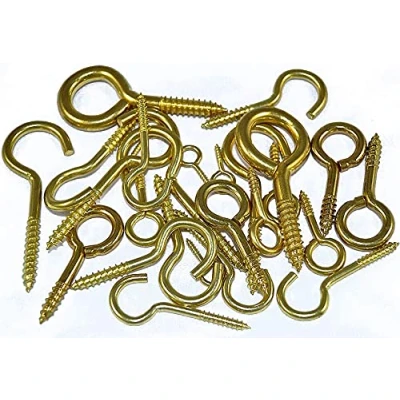 Image of Merriway BH06550 (26 Pcs) EB Brass Plated Workshop Assortment of Screw Hooks &amp; Eyes Pack 26 Pieces