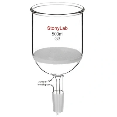 Image of StonyLab Borosilicate Glass Buchner Filtering Funnel with Fine Frit(G3), 94mm Inner Diameter, 100mm Depth, 24/40 Standard Taper Joint and Vacuum Serrated Tubulation (500 mL)