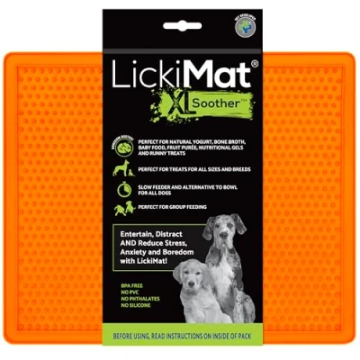 Image of LickiMat X Large Soother Dog Feeding Mat for Boredom and Anxiety Relief Ideal Food Treat, Yoghurt or Peanut Butter, Fun Alternative to a Slow Feeder Bowl, Perfect Breed, Orange