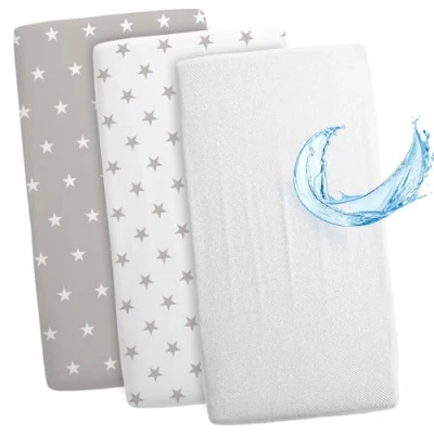 Image of fitted sheet for stroller and cradle baby bed Set of 3: 83 x 50 cm 2x cover with 1x waterproof mattress protector White Gray Stars