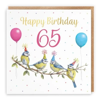 Image of Hunts England Blue Tits Funny 65th Birthday Card Luxury Gold Foil Milo&#039;s Gallery Age 65 Birds Female For Year Old Animal Fan Sixty Five Her