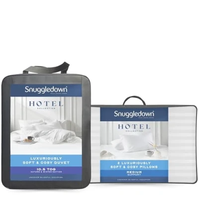 Image of Snuggledown Luxurious Hotel Super King Duvet 10.5 Tog All Year Round Premium Quilt for Summer &amp; Winter, 2 Medium Pillows Soft Touch Cover, Hypoallergenic, Machine Washable, Size (260cm x 220cm)