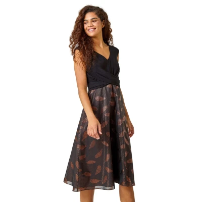 Image of Roman Womens Metallic Feather Print Skater Dress Bronze Size 18 UK