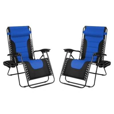 Image of SG Traders Zero Gravity Chair Reclining Outdoor Sun Lounger, Relaxer for Patio Decking Gardens Camping, Folding with Cup Holder and Adjustable Headrest Sunlounger (Pack 2 Black Blue)