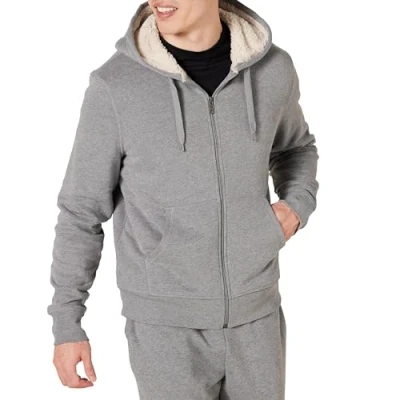 Image of Amazon Essentials Men&#039;s Sherpa Lined Full Zip Fleece Hoodie, Light Grey Heather, S