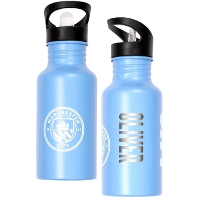 Image of Liverpool F.C. Manchester City Personalised Metal Water Bottle 500ml Engraved Name School &amp; Training Gift for Boys Football Fans